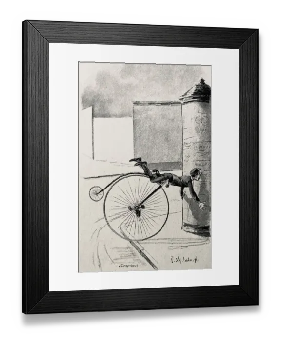 Framed Print : Penny farthing bicyclist falls on an advertising pillar Framed Print : Penny farthing bicyclist falls on an advertising pillar