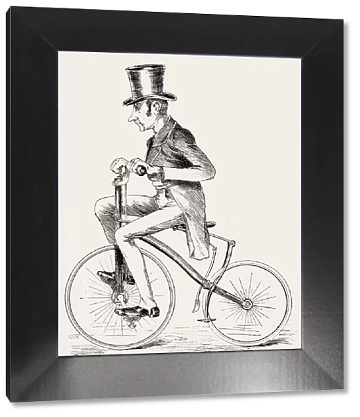 Elegant man on small penny farthing bicycle
