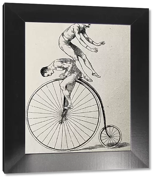 Artistic cycling, two men on a penny farthing bicycle, one jumping over the other