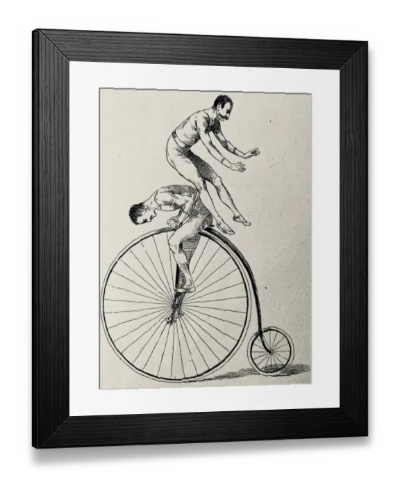 Framed Print : Artistic cycling, two men on a penny farthing bicycle, one jumping over the other Framed Print : Artistic cycling, two men on a penny farthing bicycle, one jumping over the other