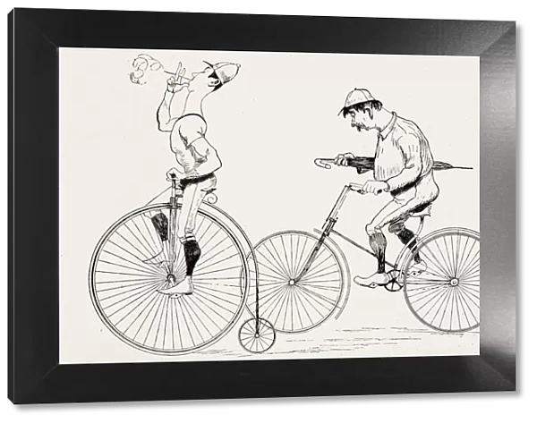 Two men cycling, penny farthing bicycle and a bicycle with evenly low wheels