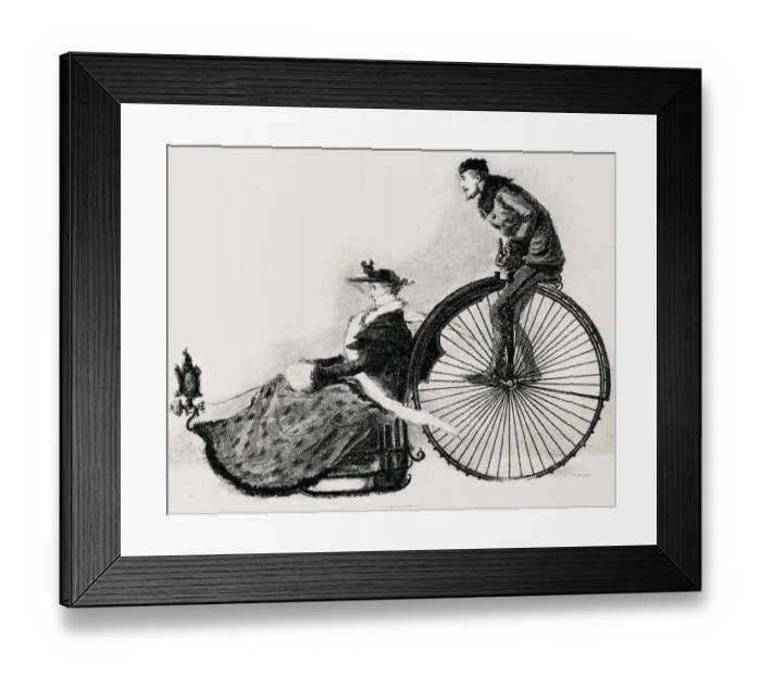 Framed Print : Wheel sled, Husband drives his wife in winter, with spikes on wheel Framed Print : Wheel sled, Husband drives his wife in winter, with spikes on wheel