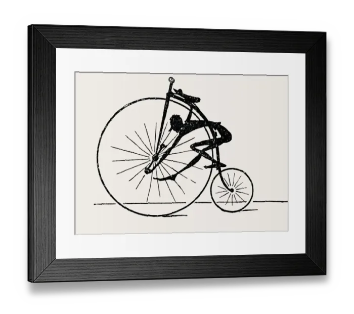 Framed Print : Penny farthing bicyclist, silhouette, side view on white background Framed Print : Penny farthing bicyclist, silhouette, side view on white background