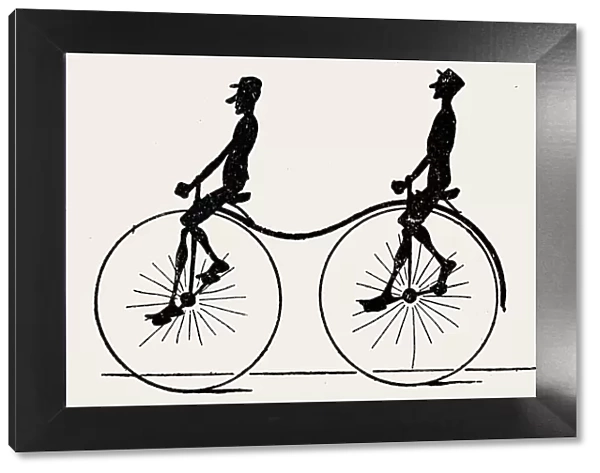 Tandem penny farthing bicycle, side view on white background