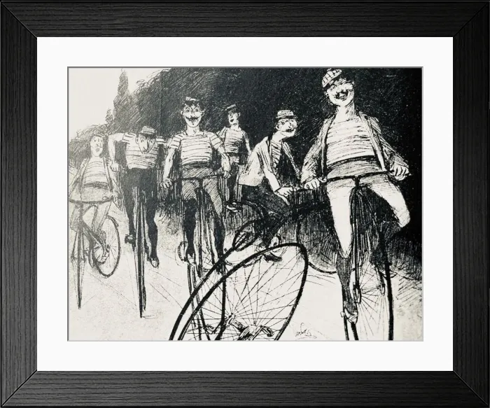 Framed Print : Penny farthing bicyclists on tour, having fun Framed Print : Penny farthing bicyclists on tour, having fun