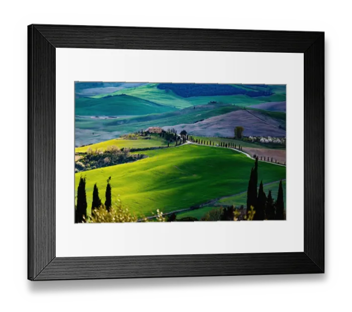 Framed Print : Tuscany, springtime in the afternoon. Path, green rolling hills and cypress trees Framed Print : Tuscany, springtime in the afternoon. Path, green rolling hills and cypress trees
