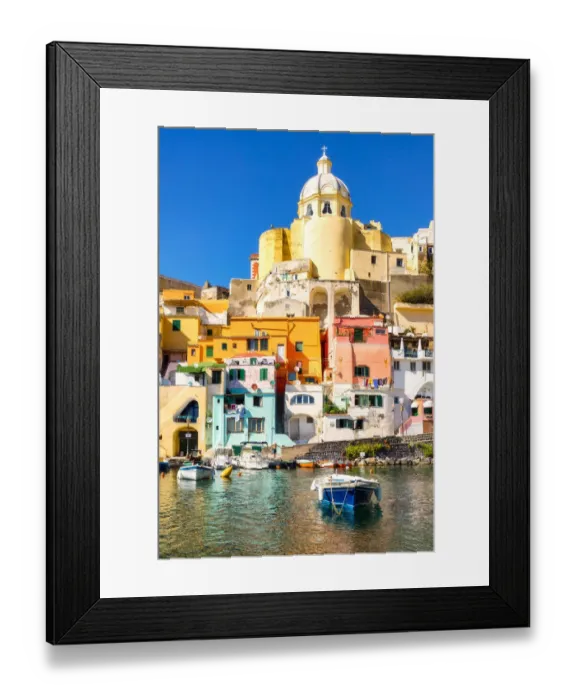 Framed Print : Procida, multi colours houses in La Corricella Harbour. Naples, Campania, Italy