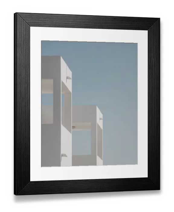 Framed Print : Modern Minimalism Architecture, buildings details with blue sky and white walls Framed Print : Modern Minimalism Architecture, buildings details with blue sky and white walls