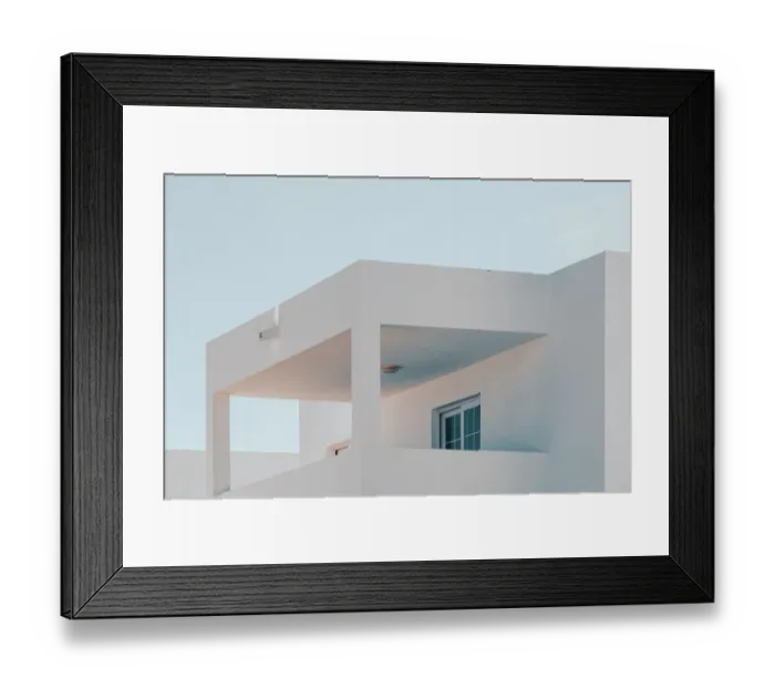 Framed Print : Modern Minimalism Architecture, buildings details with blue sky and white walls Framed Print : Modern Minimalism Architecture, buildings details with blue sky and white walls