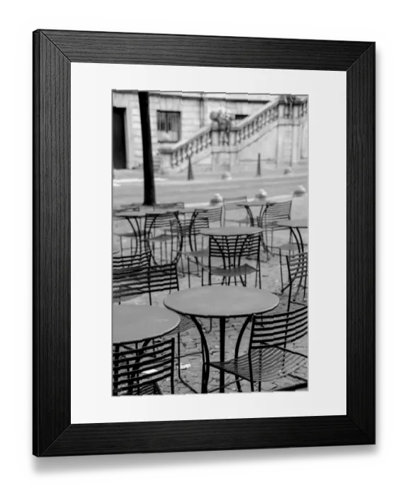Framed Print : Coffee tables and chairs in black and white Framed Print : Coffee tables and chairs in black and white