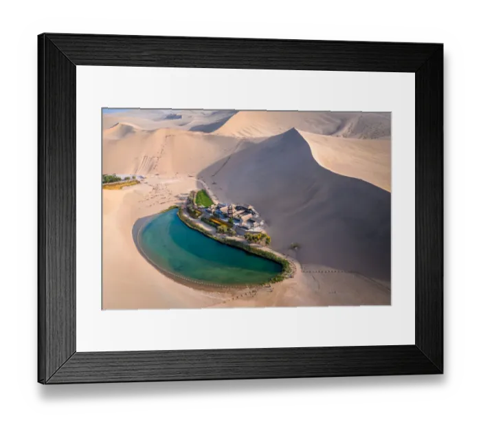 Framed Print : Crescent Lake with buddhist temple in Kumtag desert, Dunhuang, Gansu China Framed Print : Crescent Lake with buddhist temple in Kumtag desert, Dunhuang, Gansu China