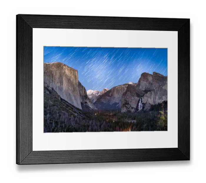 Framed Print : Beautiful Star Trails over Yosemite Valley from the Tunnel View lookout Framed Print : Beautiful Star Trails over Yosemite Valley from the Tunnel View lookout