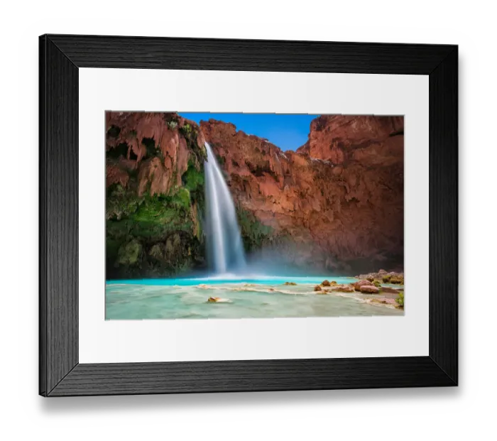 Framed Print : Havasu Falls in Arizona falling into blue green waters below