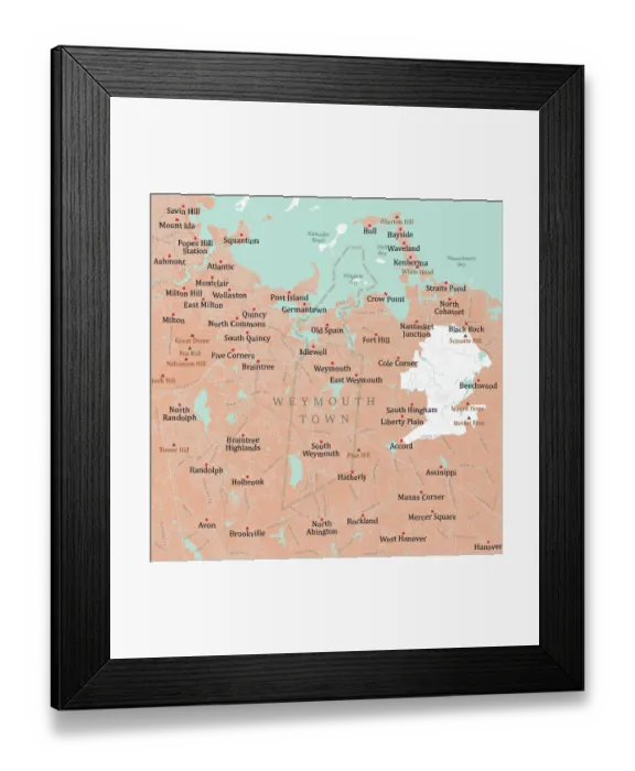Framed Print : MA Norfolk Weymouth Town Vector Road Map Framed Print : MA Norfolk Weymouth Town Vector Road Map