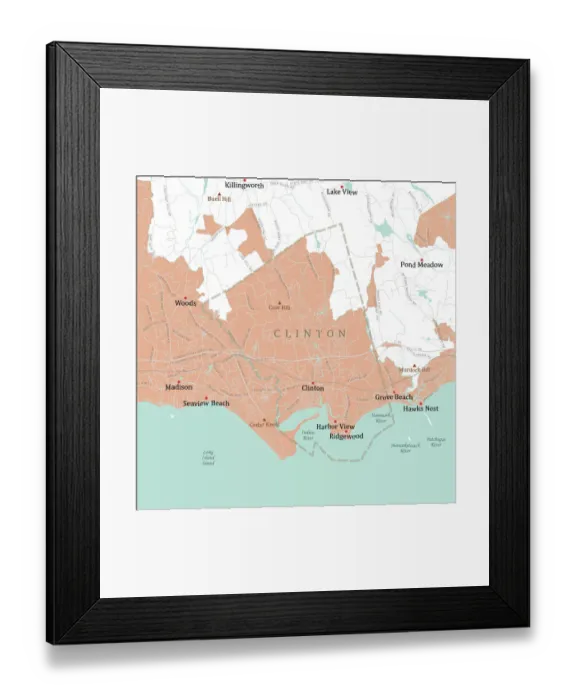 Framed Print : CT Middlesex Clinton Vector Road Map Framed Print : CT Middlesex Clinton Vector Road Map