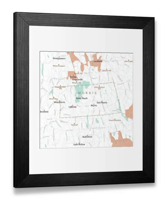 Framed Print : CT Litchfield Morris Vector Road Map Framed Print : CT Litchfield Morris Vector Road Map