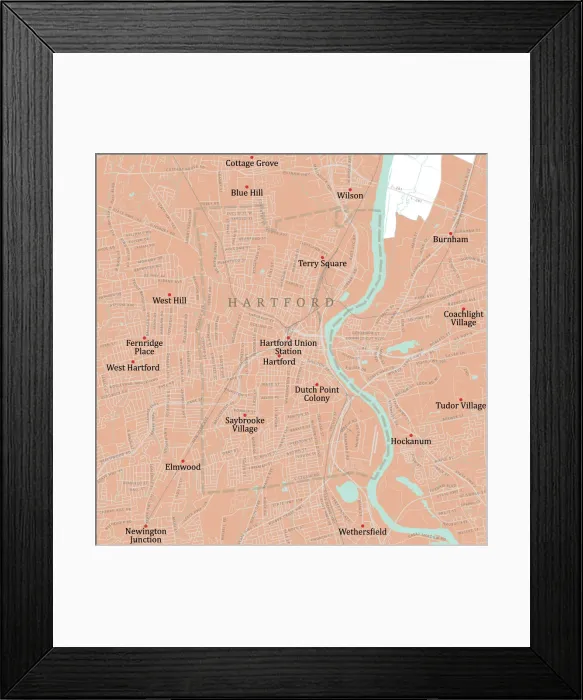 Framed Print : CT Hartford City Vector Road Map Framed Print : CT Hartford City Vector Road Map