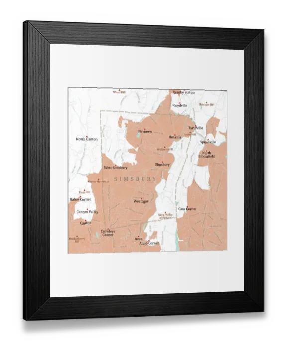 Framed Print : CT Hartford Simsbury Vector Road Map Framed Print : CT Hartford Simsbury Vector Road Map