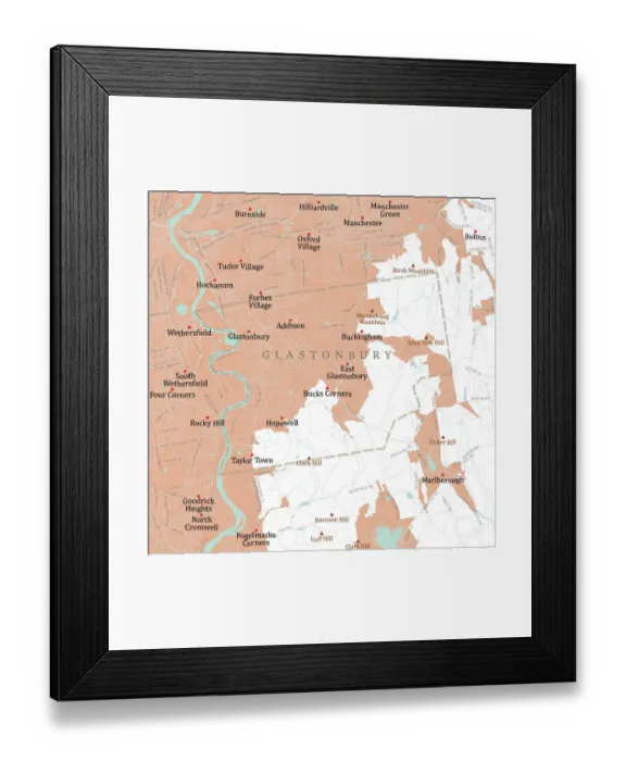 Framed Print : CT Hartford Glastonbury Vector Road Map Framed Print : CT Hartford Glastonbury Vector Road Map