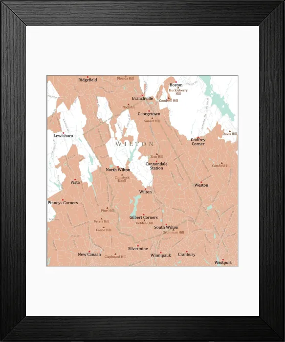 Framed Print : CT Fairfield Wilton Vector Road Map
