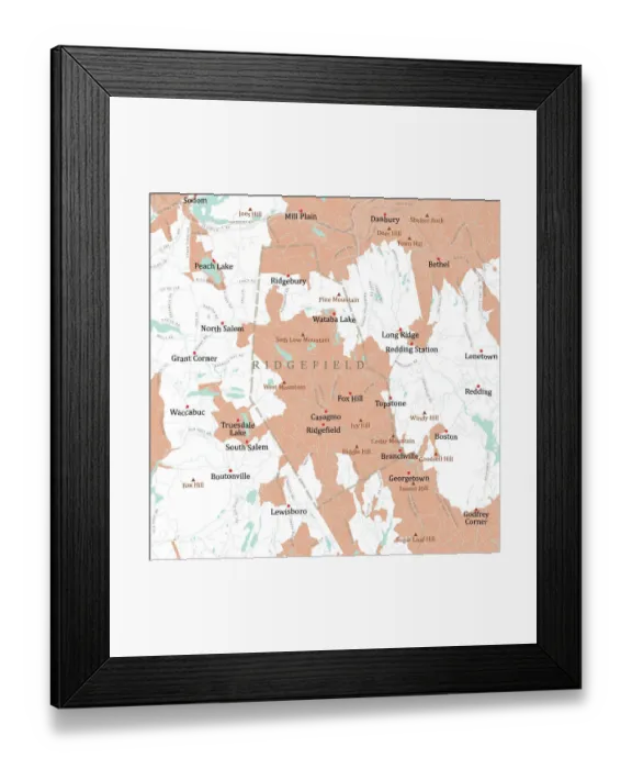 Framed Print : CT Fairfield Ridgefield Vector Road Map Framed Print : CT Fairfield Ridgefield Vector Road Map