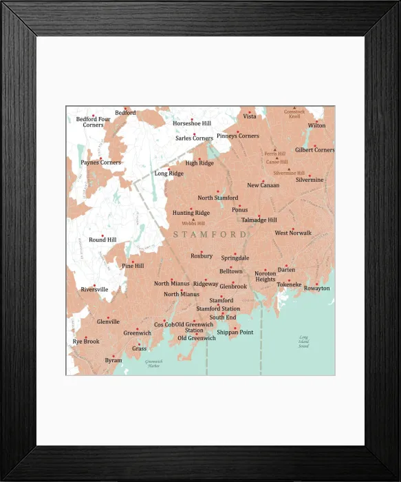 Framed Print : CT Fairfield Stamford Vector Road Map Framed Print : CT Fairfield Stamford Vector Road Map