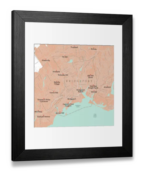 Framed Print : CT Fairfield Bridgeport Vector Road Map