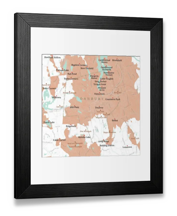 Framed Print : CT Fairfield Danbury Vector Road Map Framed Print : CT Fairfield Danbury Vector Road Map