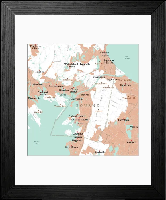 Framed Print : MA Barnstable Bourne Vector Road Map Framed Print : MA Barnstable Bourne Vector Road Map
