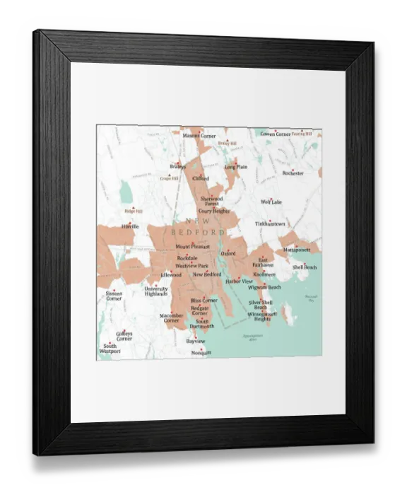 Framed Print : MA Bristol New Bedford Vector Road Map Framed Print : MA Bristol New Bedford Vector Road Map