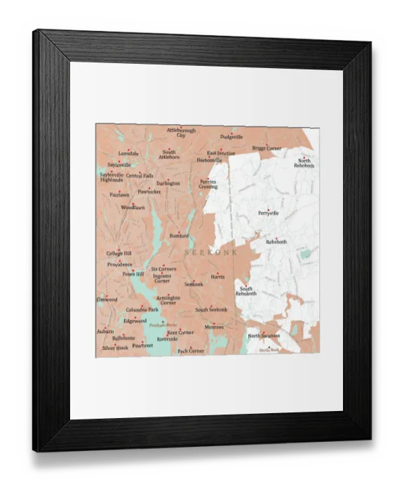 Framed Print : MA Bristol Seekonk Vector Road Map Framed Print : MA Bristol Seekonk Vector Road Map