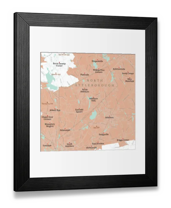 Framed Print : MA Bristol North Attleborough Vector Road Map Framed Print : MA Bristol North Attleborough Vector Road Map