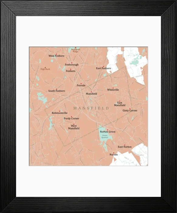 Framed Print : MA Bristol Mansfield Vector Road Map Framed Print : MA Bristol Mansfield Vector Road Map
