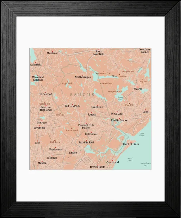 Framed Print : MA Essex Saugus Vector Road Map Framed Print : MA Essex Saugus Vector Road Map