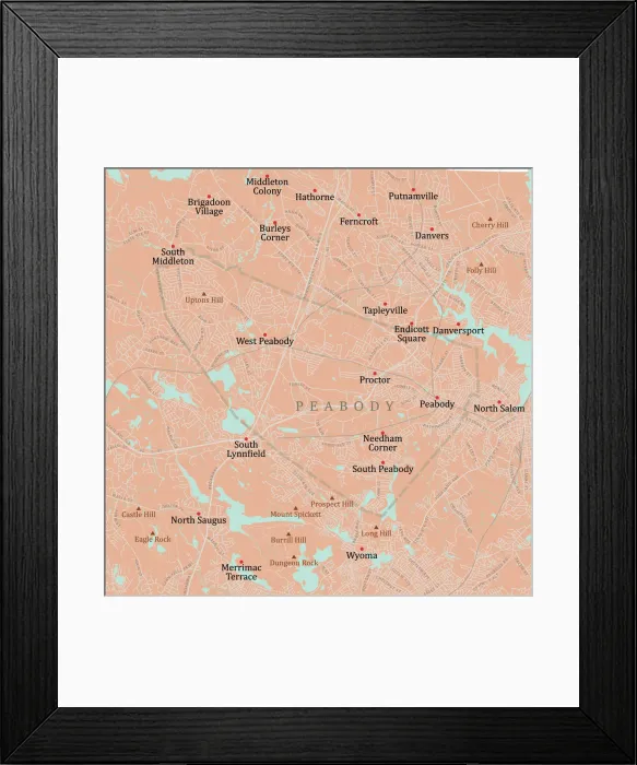 Framed Print : MA Essex Peabody Vector Road Map Framed Print : MA Essex Peabody Vector Road Map