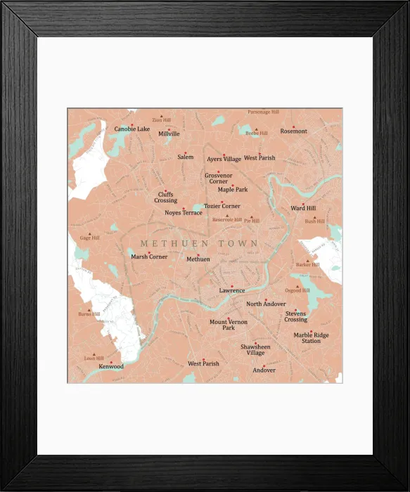 Framed Print : MA Essex Methuen Town Vector Road Map Framed Print : MA Essex Methuen Town Vector Road Map