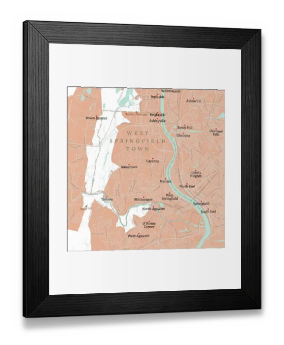 Framed Print : MA Hampden West Springfield Town Vector Road Map Framed Print : MA Hampden West Springfield Town Vector Road Map