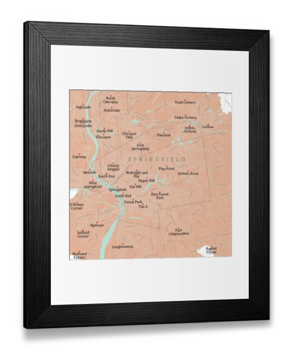 Framed Print : MA Hampden Springfield Vector Road Map Framed Print : MA Hampden Springfield Vector Road Map