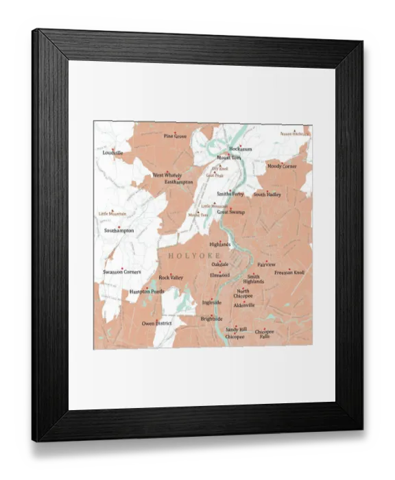 Framed Print : MA Hampden Holyoke Vector Road Map