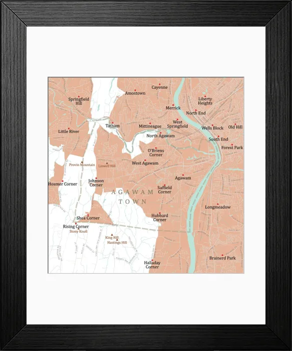 Framed Print : MA Hampden Agawam Town Vector Road Map Framed Print : MA Hampden Agawam Town Vector Road Map