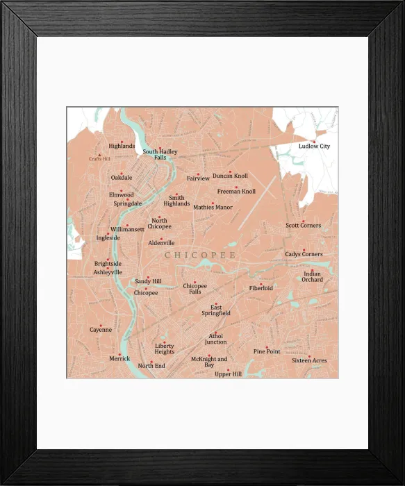 Framed Print : MA Hampden Chicopee Vector Road Map Framed Print : MA Hampden Chicopee Vector Road Map