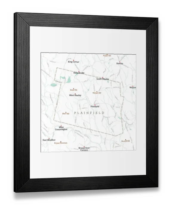 Framed Print : MA Hampshire Plainfield Vector Road Map