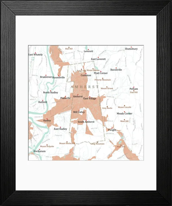 Framed Print : MA Hampshire Amherst Vector Road Map Framed Print : MA Hampshire Amherst Vector Road Map