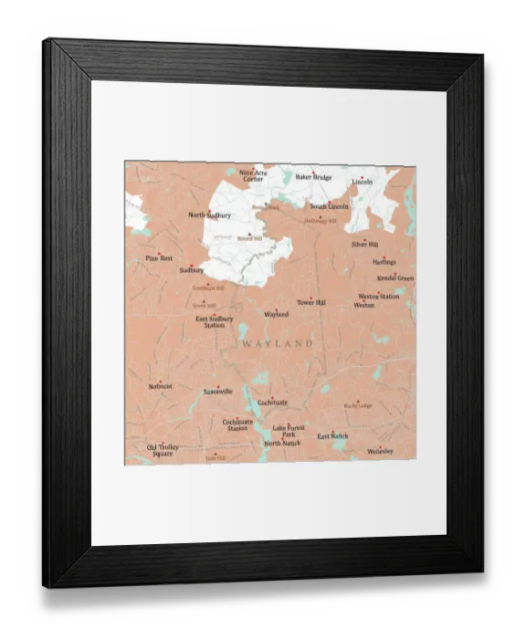 Framed Print : MA Middlesex Wayland Vector Road Map Framed Print : MA Middlesex Wayland Vector Road Map