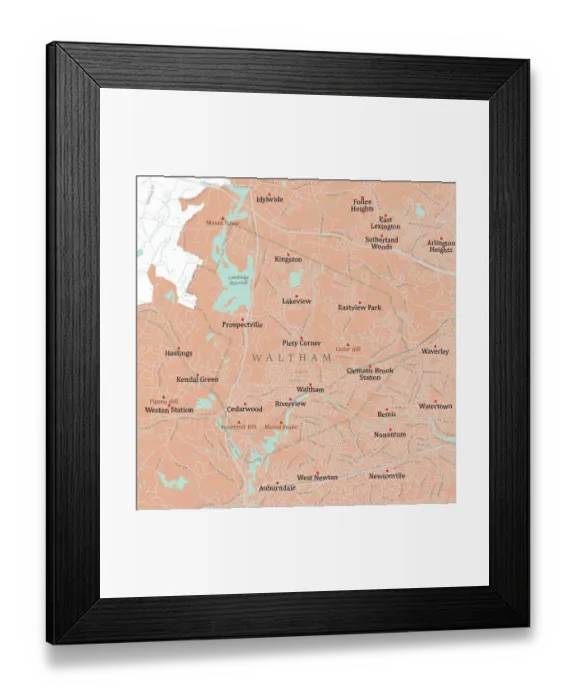 Framed Print : MA Middlesex Waltham Vector Road Map Framed Print : MA Middlesex Waltham Vector Road Map