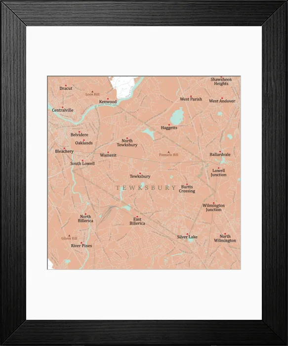 Framed Print : MA Middlesex Tewksbury Vector Road Map Framed Print : MA Middlesex Tewksbury Vector Road Map