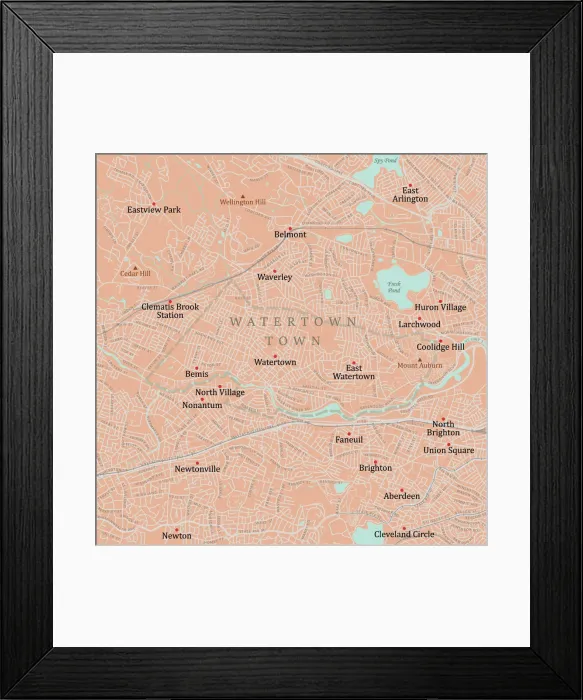 Framed Print : MA Middlesex Watertown Town Vector Road Map Framed Print : MA Middlesex Watertown Town Vector Road Map
