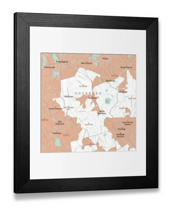 Framed Print : MA Middlesex Sherborn Vector Road Map Framed Print : MA Middlesex Sherborn Vector Road Map