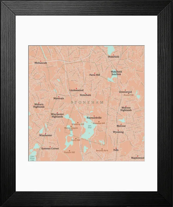 Framed Print : MA Middlesex Stoneham Vector Road Map Framed Print : MA Middlesex Stoneham Vector Road Map