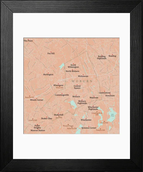 Framed Print : MA Middlesex Woburn Vector Road Map Framed Print : MA Middlesex Woburn Vector Road Map